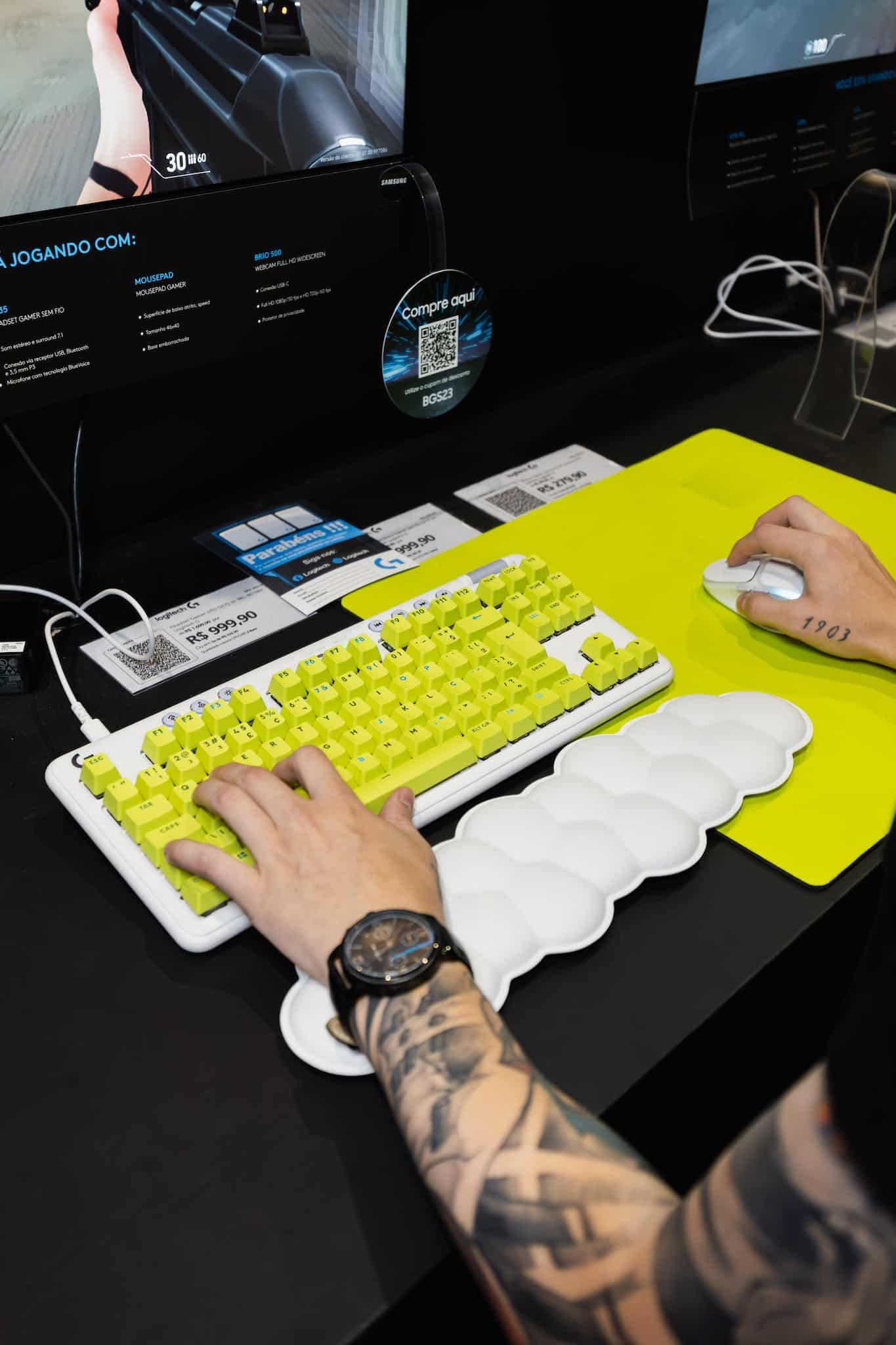 Wrist Rest for a Keyboard - Gaming on a White Logitech G Pro Keyboard with Yellow Keys
