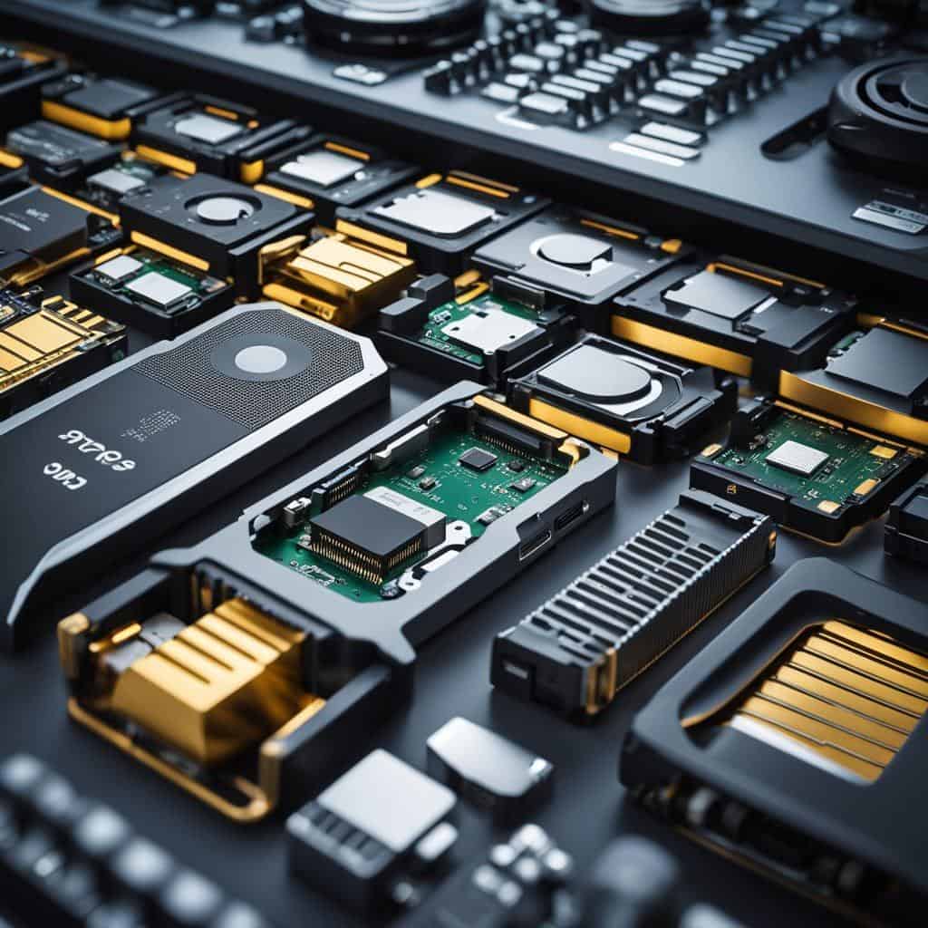 "Close-up of computer storage devices, highlighting detailed circuitry and metallic finishes."