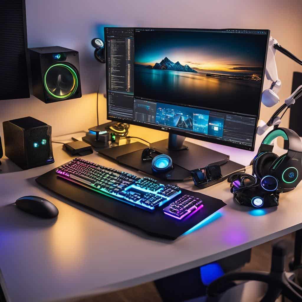 "Budget PC building components on a desk lit by RGB lights, with gaming posters in background."