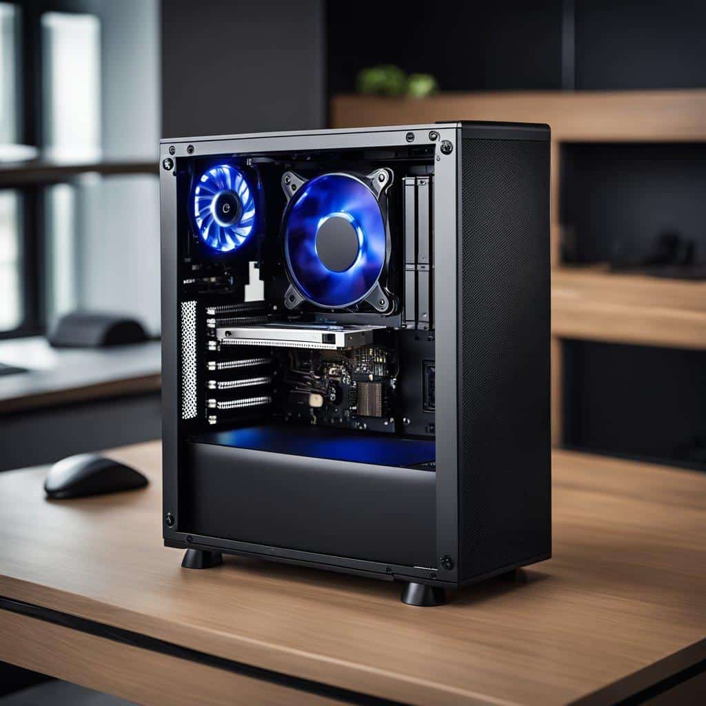 "Realistic and detailed Mini ITX build in modern, efficient workspace."