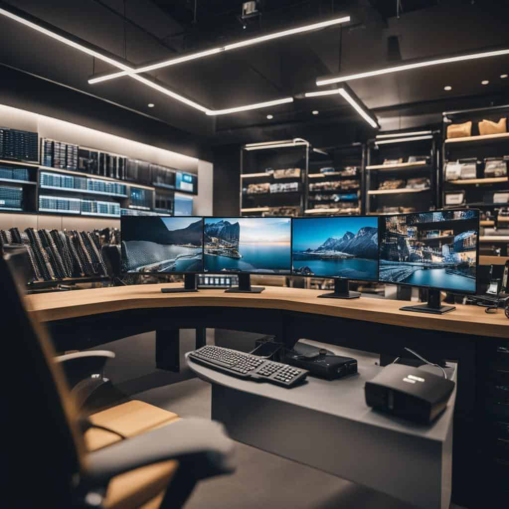 "High-resolution image of a well-organized computer shop with various essential accessories and parts."