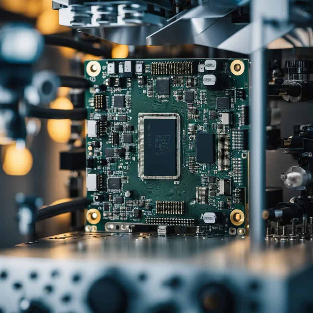 "High-resolution image of disassembled computer hardware in a well-lit tech lab."