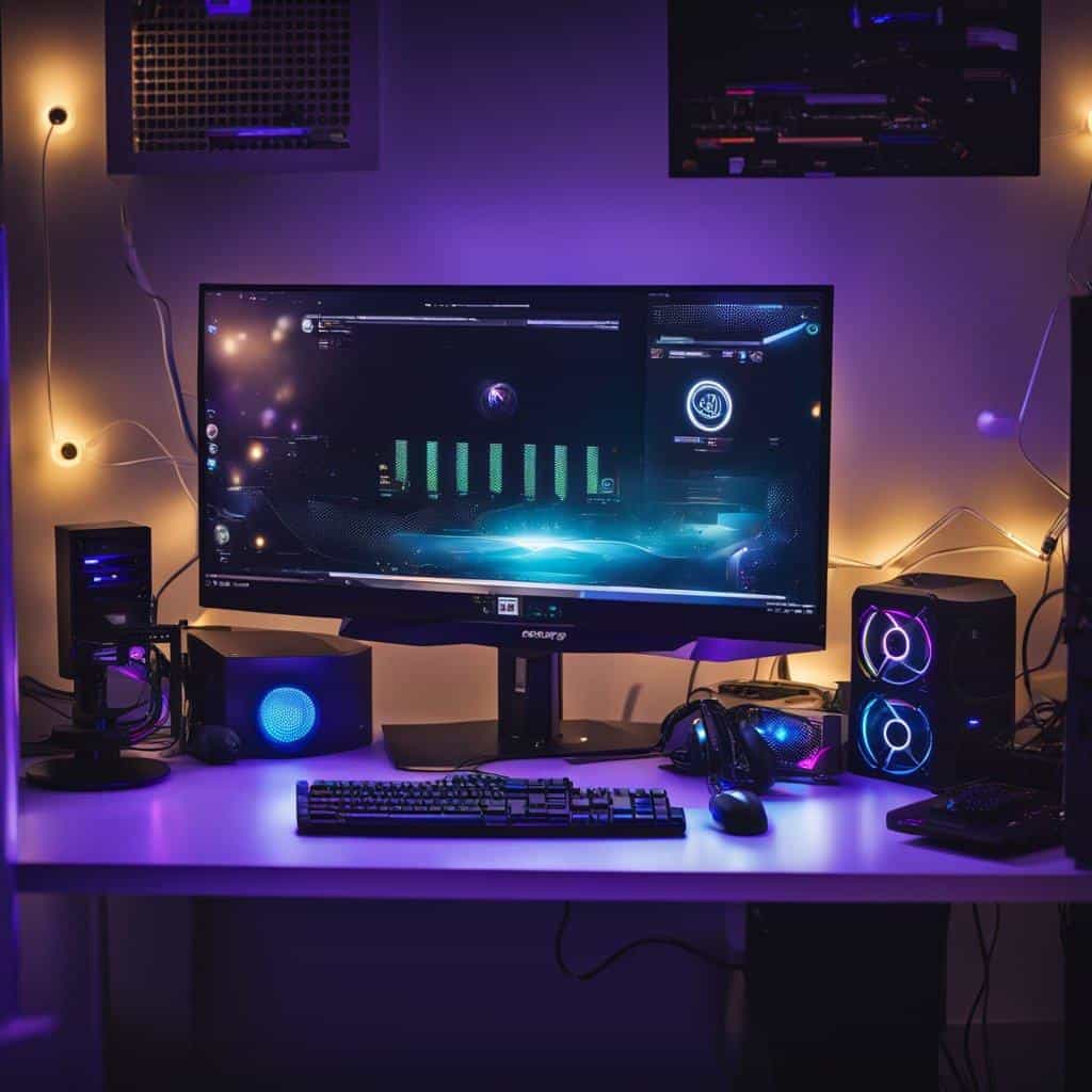 "Detailed image of a budget gaming PC setup with vibrant LED lighting in a tech-savvy room."