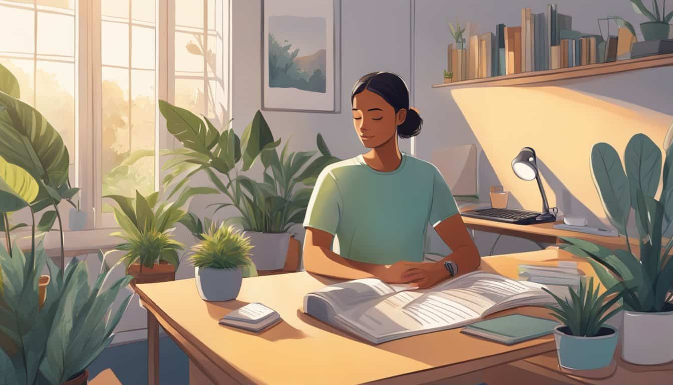 A person sits at a desk with a laptop, surrounded by plants and exercise equipment. The sun shines through the window, illuminating a book on mindfulness