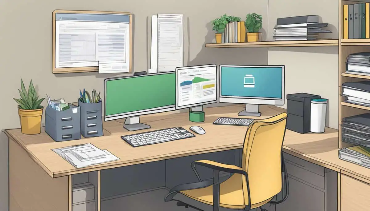 A tidy desk with a computer, labeled folders, and a digital document management system displayed on the screen