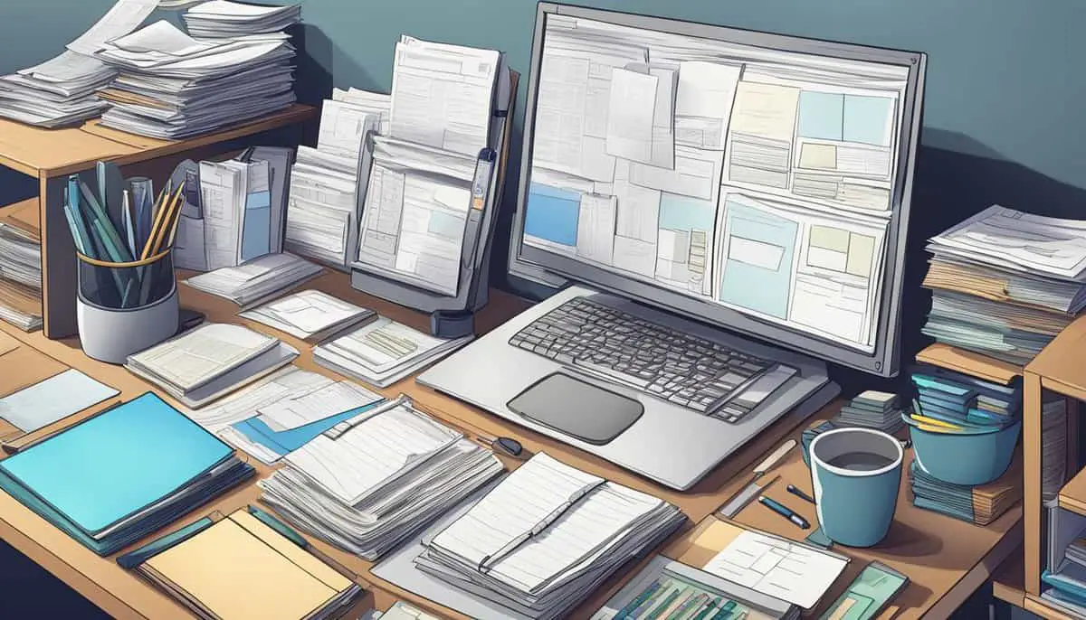 A cluttered desk with scattered papers and files. A computer screen displaying a neatly organized digital filing system. A sense of order and efficiency