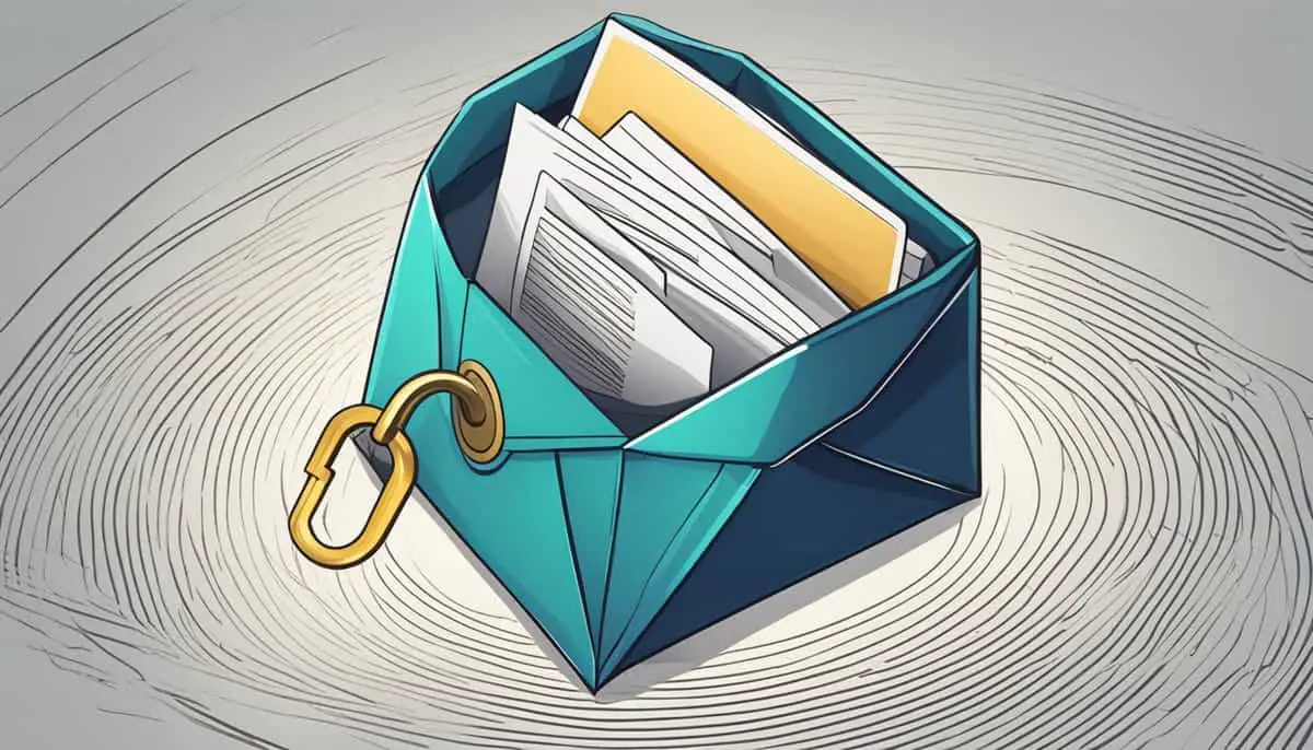 An open envelope with a padlock on it, surrounded by swirling lines representing encryption, symbolizing the concept of email privacy and secure conversations