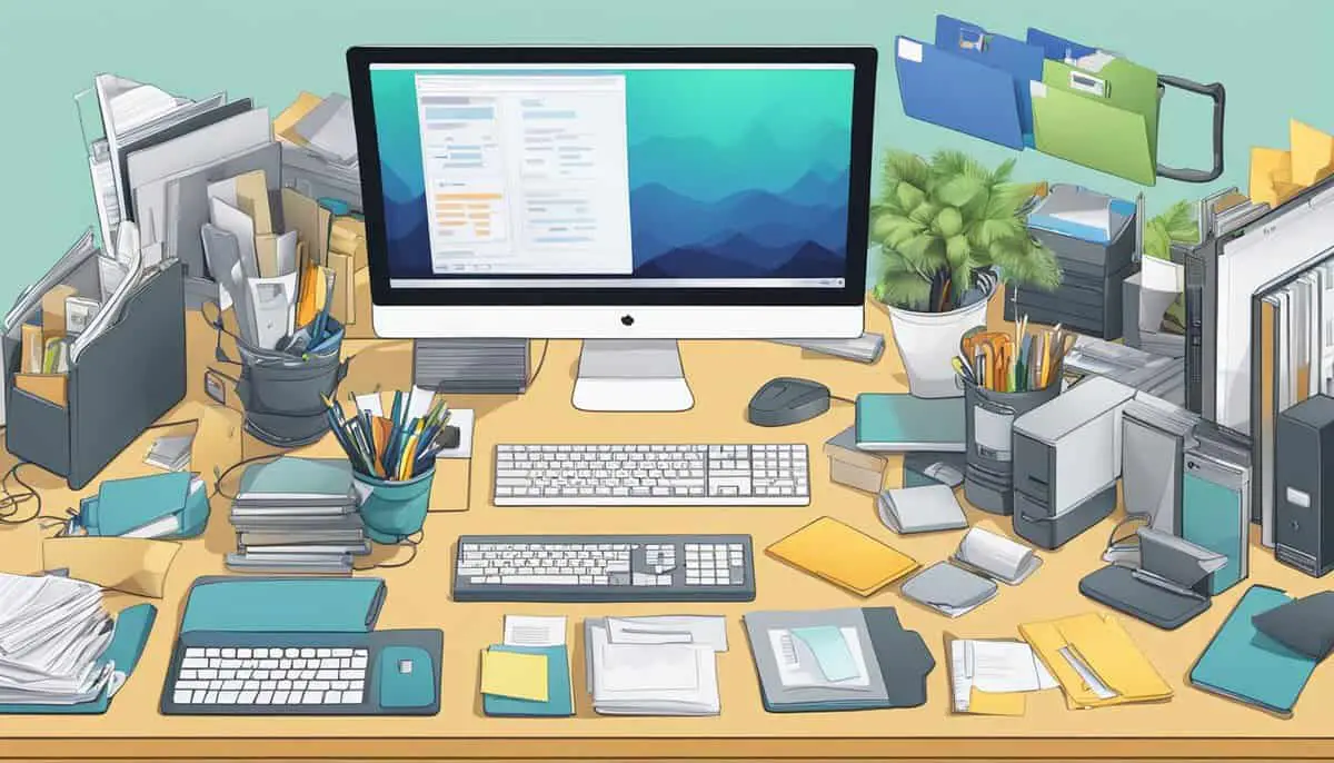 A cluttered computer desktop with scattered files, labeled folders, and a variety of digital organization tools