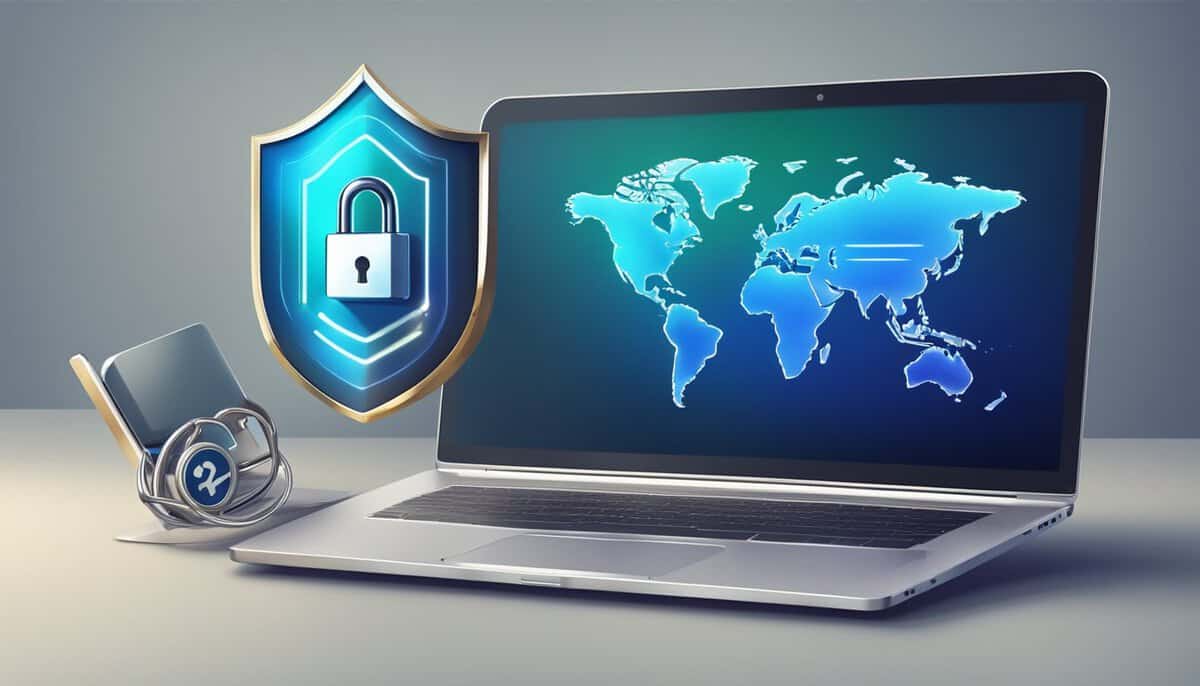 A laptop with a lock symbol on the screen, surrounded by a shield and padlock, with a secure Wi-Fi signal in the background