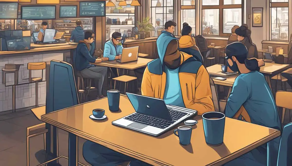 A laptop surrounded by a bustling coffee shop, with a lock icon over the public Wi-Fi network. A hacker lurks nearby, eyeing the unsecured connections