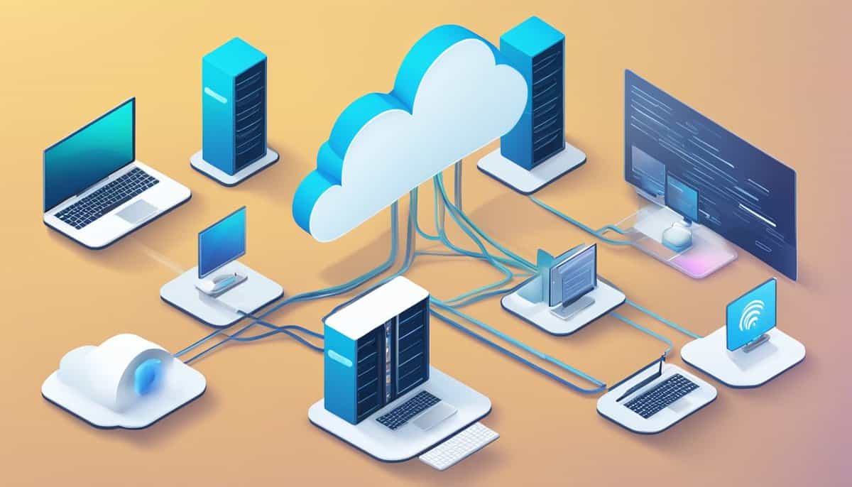 Devices connected to cloud servers, data flowing from devices to cloud, and cloud servers providing accessibility to stored data