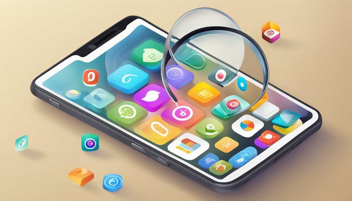 A smartphone with various app icons displayed on the screen. A magnifying glass hovers over the phone, symbolizing the search for new apps