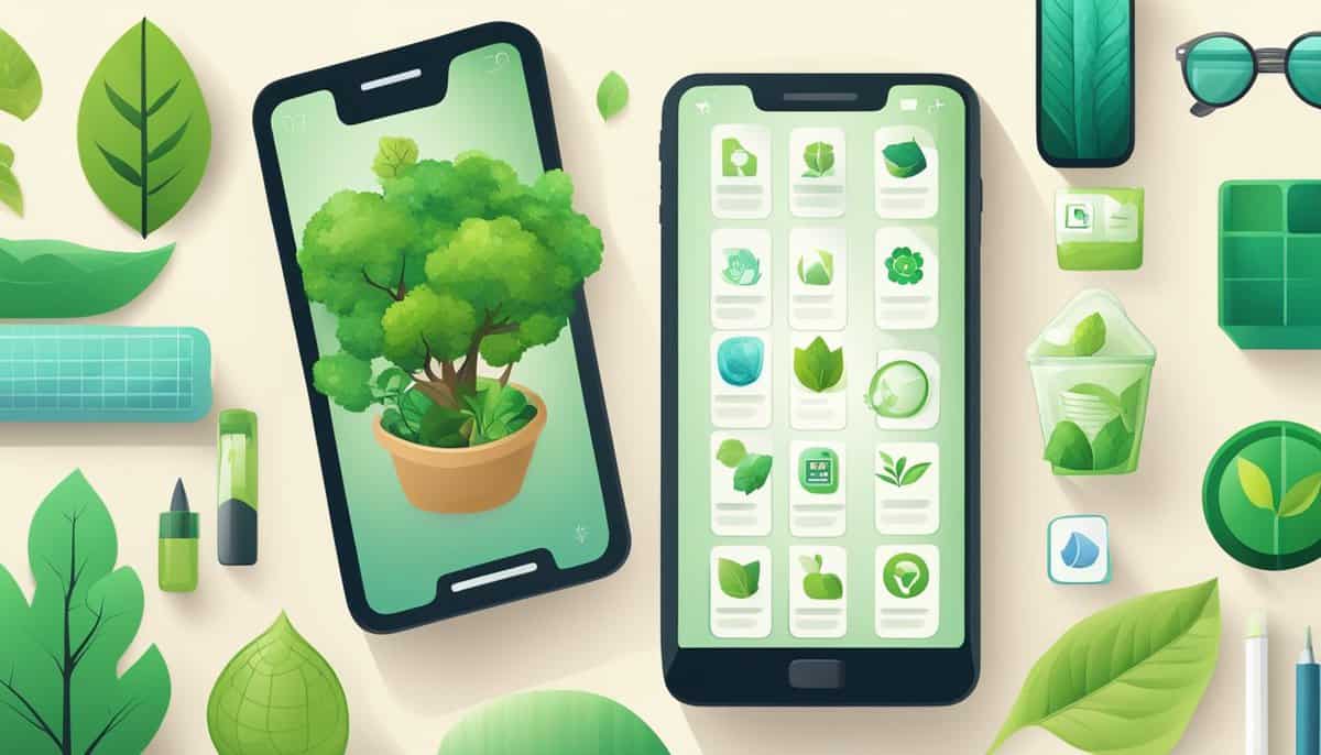 A smartphone with eco-friendly apps displayed, surrounded by greenery and sustainable products