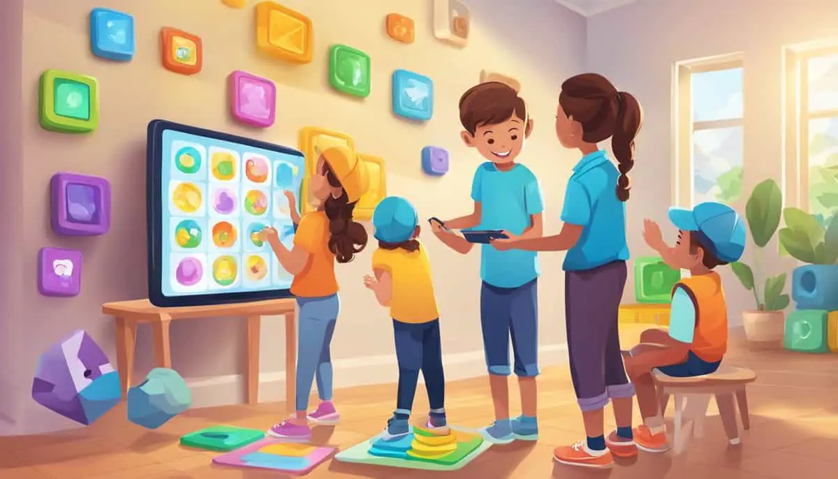 Colorful digital devices display engaging educational apps with interactive games, puzzles, and quizzes. Children's laughter fills the air as they learn and play