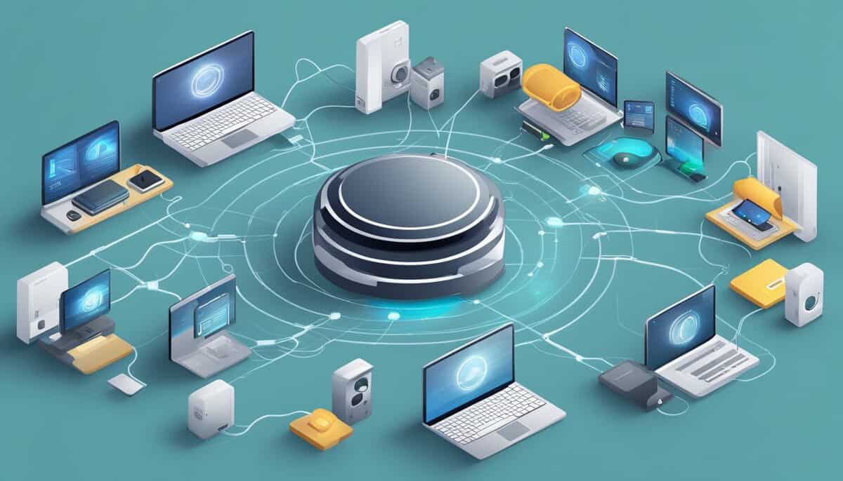 Various electronic devices connected to a central hub. The hub is updating the devices wirelessly, indicating the importance of keeping technology up to date