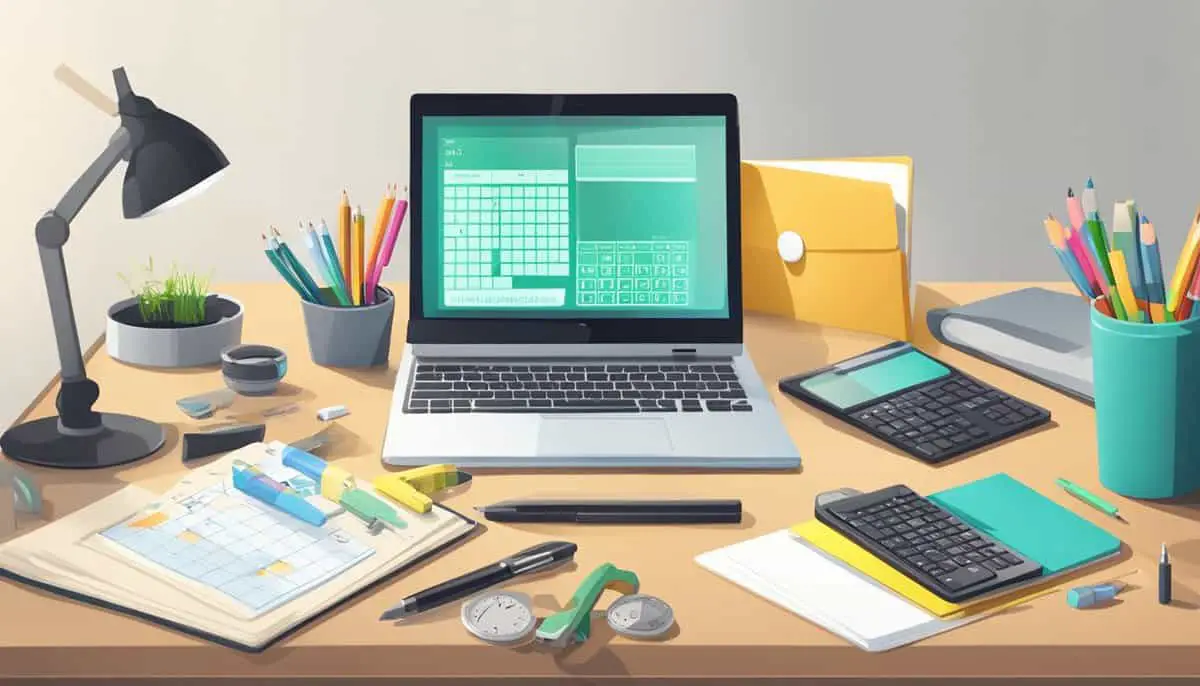 A desk with a computer, tablet, and assorted office supplies. A calendar and clock on the wall. An open book titled "Introduction to Productivity Tools" on the desk