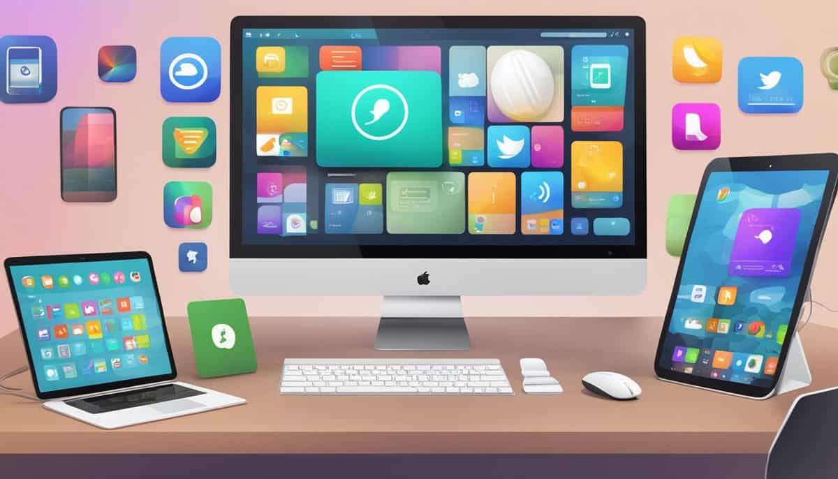 A computer screen displaying various app icons, with a keyboard and mouse nearby. A smartphone and tablet are also present, all showcasing essential apps