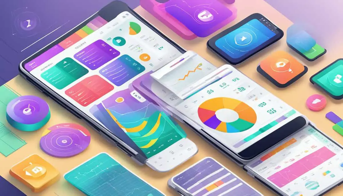 A collection of budgeting app icons displayed on a smartphone screen, with colorful graphs and charts showing financial data