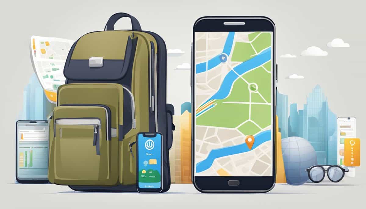 A smartphone displaying travel apps with maps, booking, and weather icons. A backpack and passport nearby