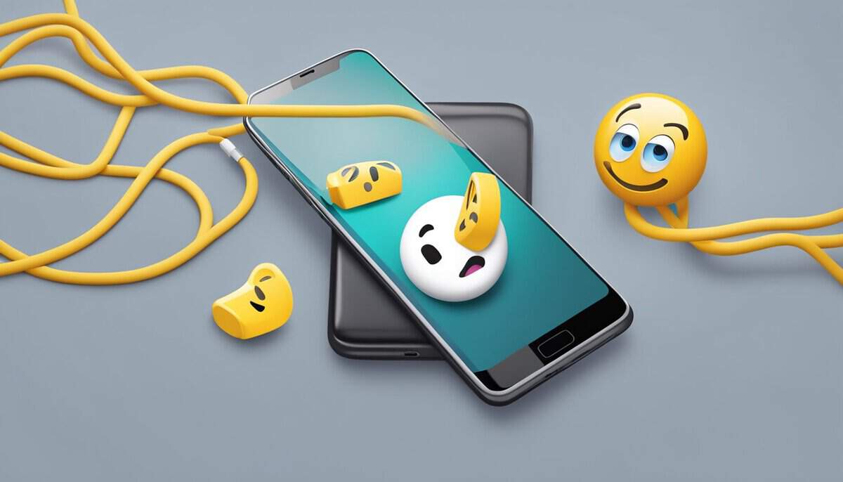 A smartphone with a blank screen, a tangled charging cable, and a confused expression emoji on the device's display