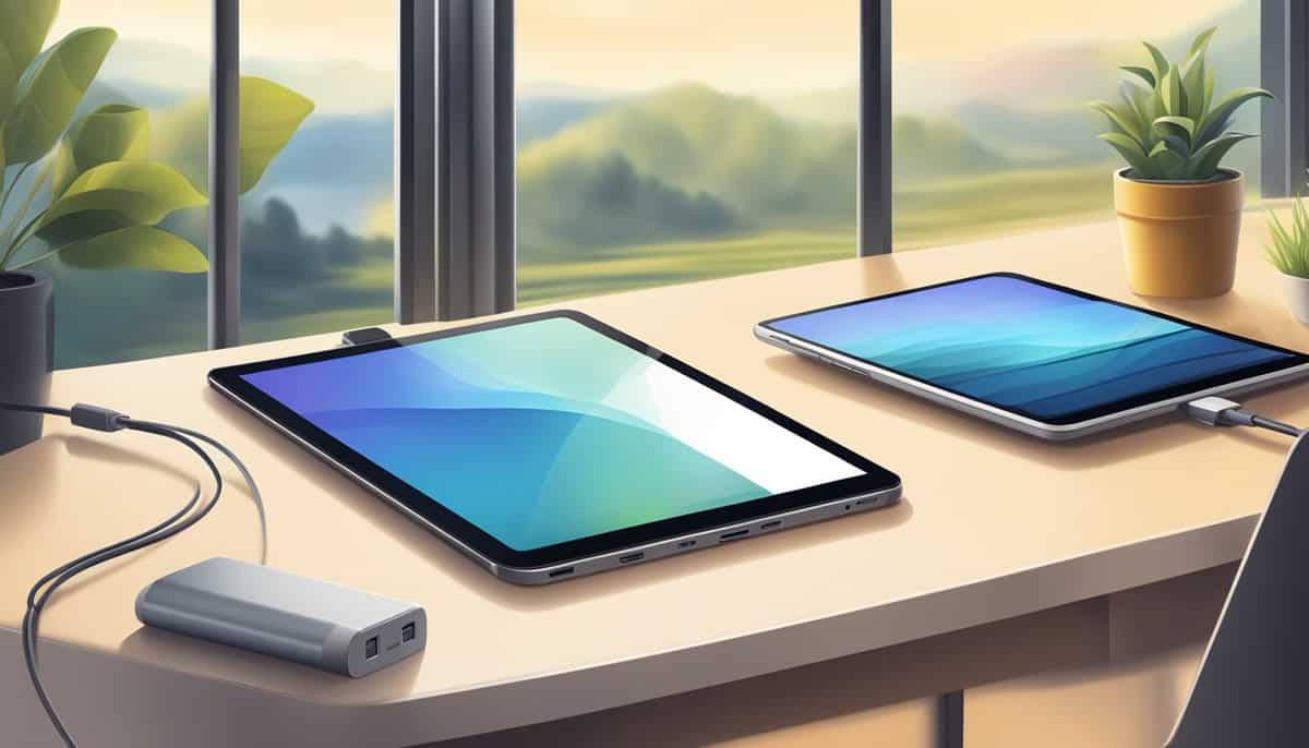 A smartphone, tablet, and laptop arranged on a table. A charging cable plugged into each device. A window with natural light in the background