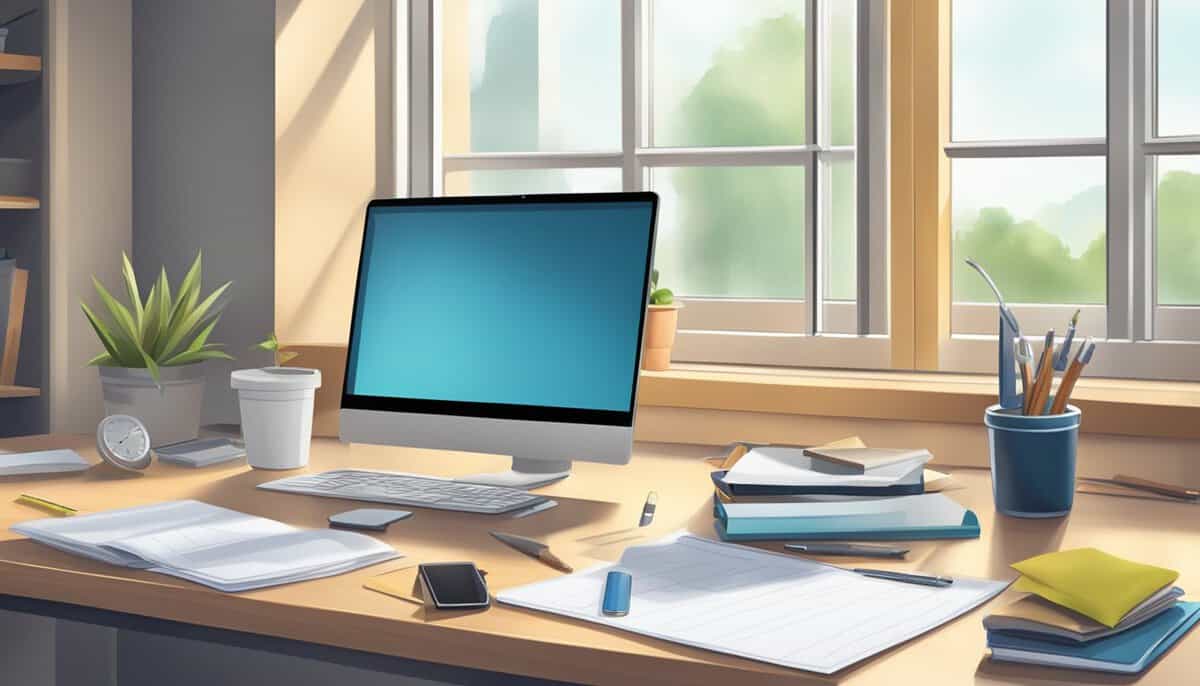 A desk with a laptop, smartphone, and checklist. Tools like a screwdriver and cleaning cloth are nearby. An open window lets in natural light