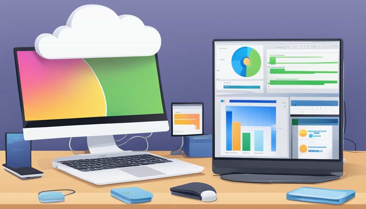 A laptop connected to a cloud storage service, a USB drive, and an external hard drive, all next to a computer monitor displaying a data backup progress bar