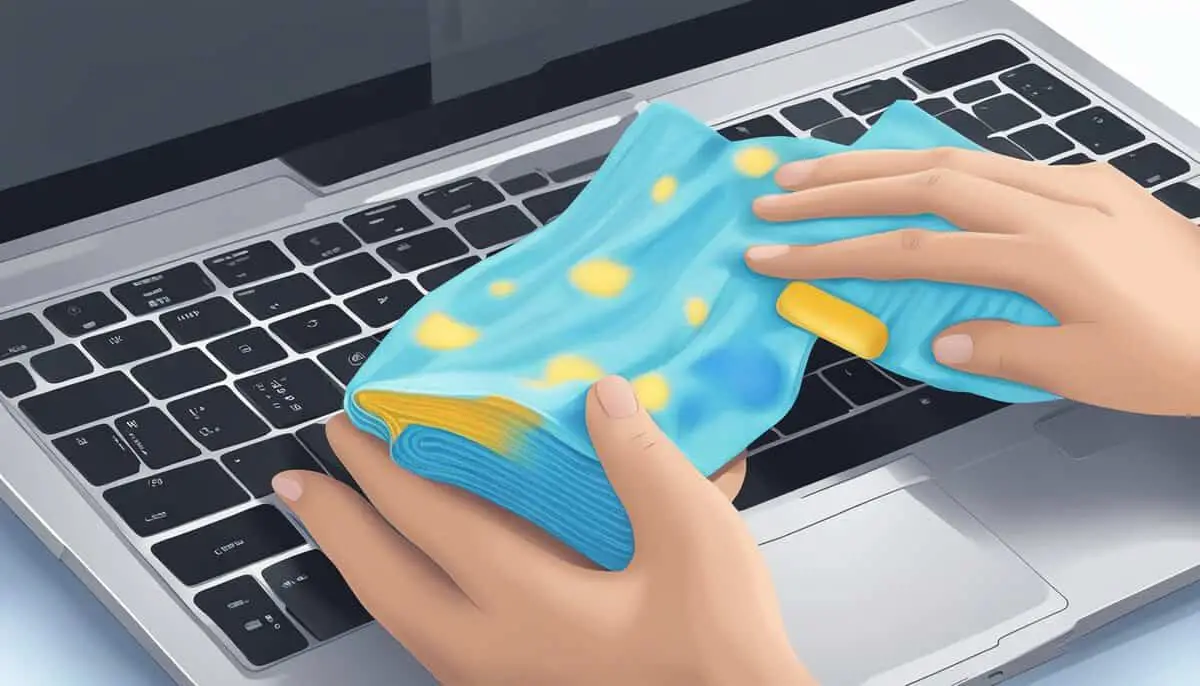 A hand holding a microfiber cloth gently wipes the surface of a laptop, while a can of compressed air is used to remove dust from the keyboard