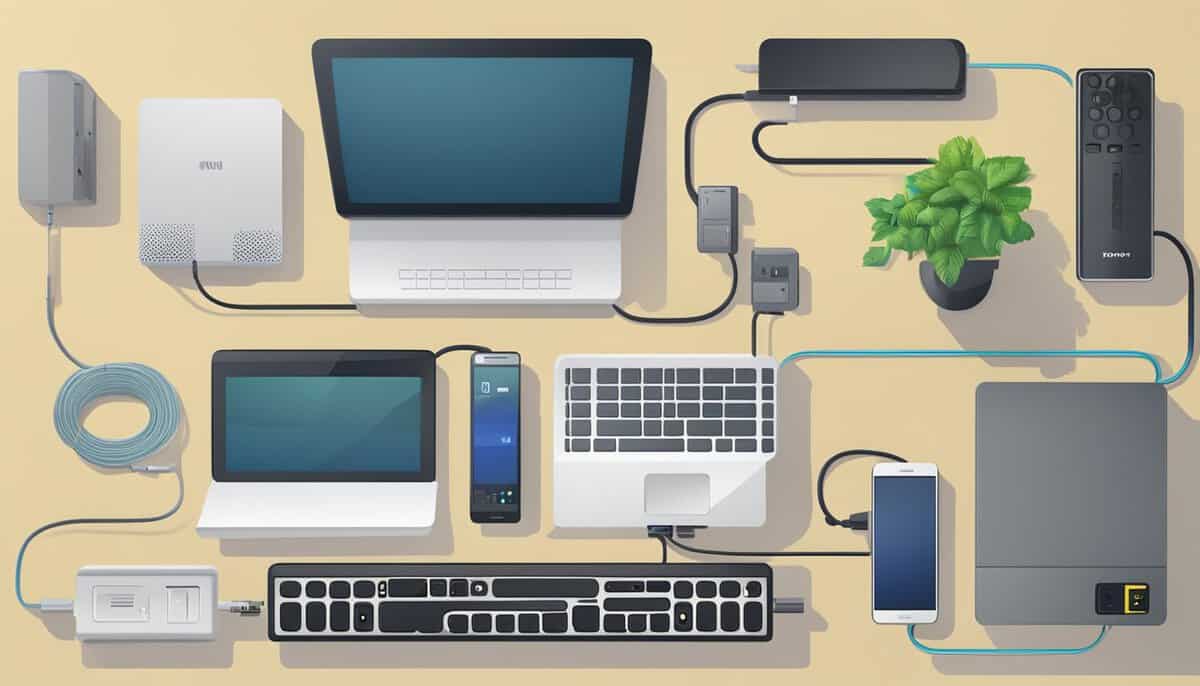 A modem and router sit on a desk, with various devices like a computer, smartphone, and smart TV nearby. Cables are connected between the devices and the router