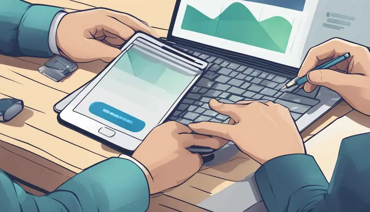 A pair of hands holding a smartphone over a desk, with a laptop and a USB cable nearby. The screen shows a progress bar as data is being securely erased