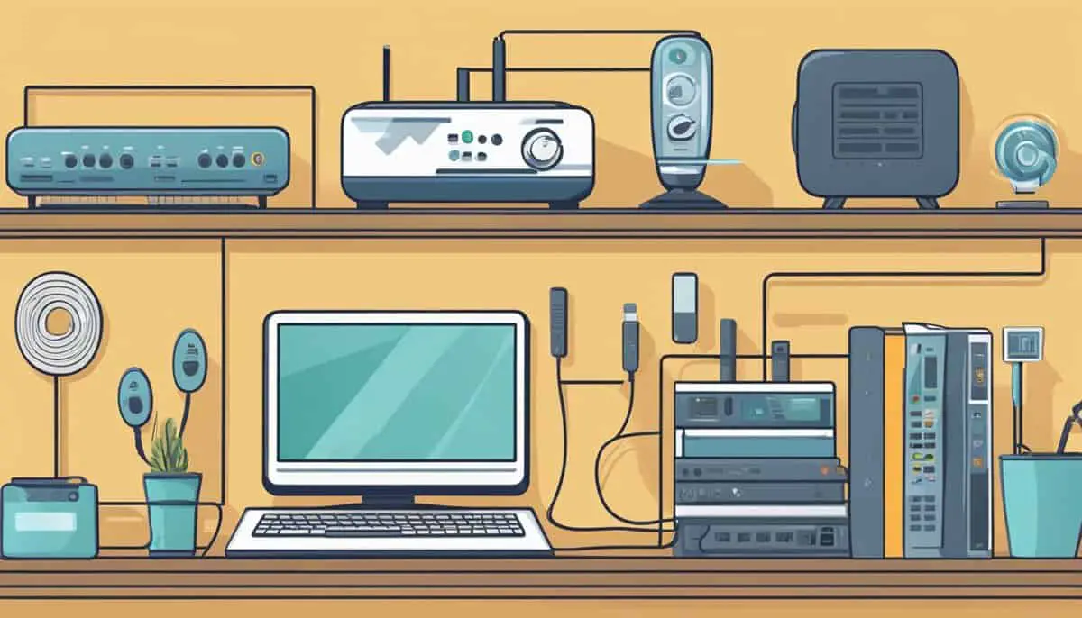 A hand adjusting a router on a shelf, surrounded by various electronic devices and signal boosters to improve WiFi speed and coverage