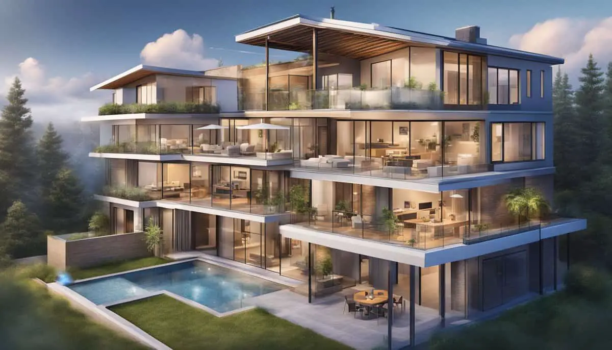 A sprawling home with multiple floors and rooms connected seamlessly by a mesh network, ensuring strong and reliable Wi-Fi coverage throughout the entire space