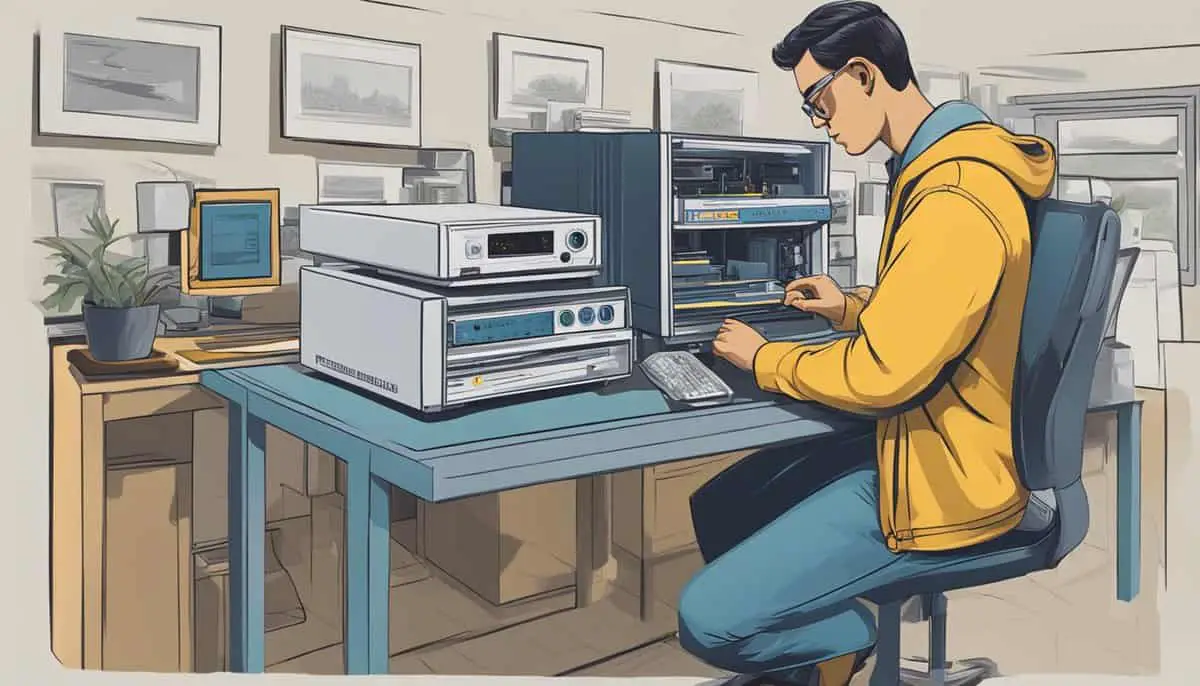 A person setting up a router, examining its features and comparing different options