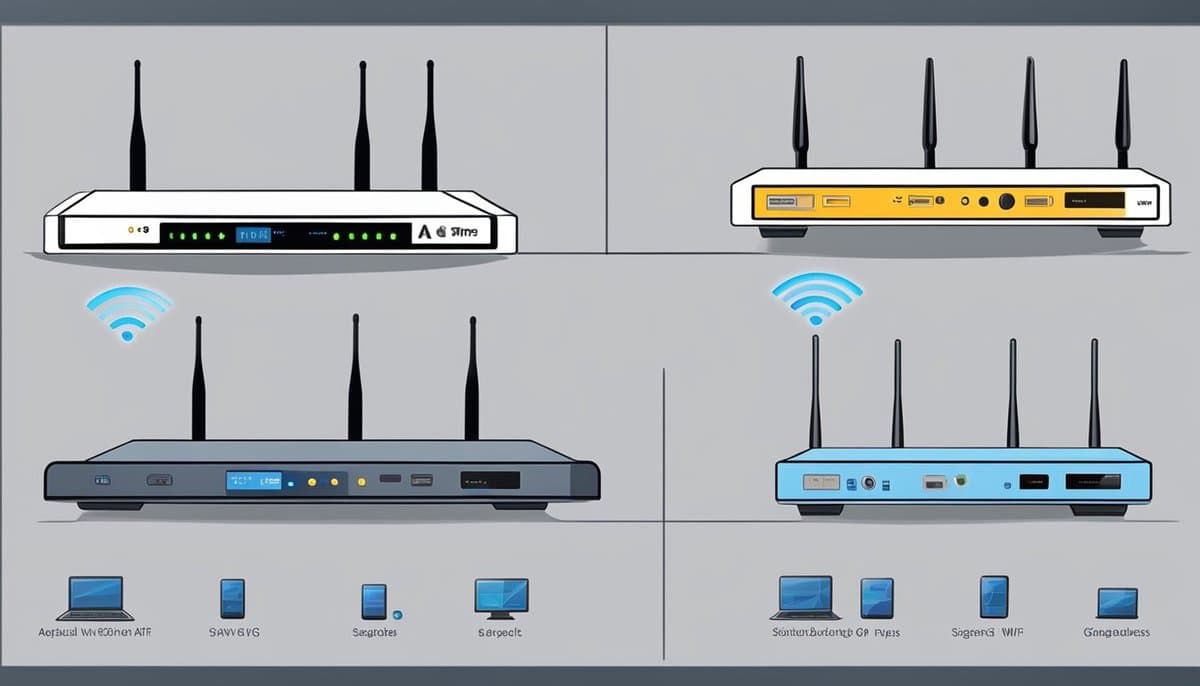 A series of WiFi routers and devices labeled with different standards (802.11a/b/g/n/ac/ax) arranged in a line, with signal strength bars above each device