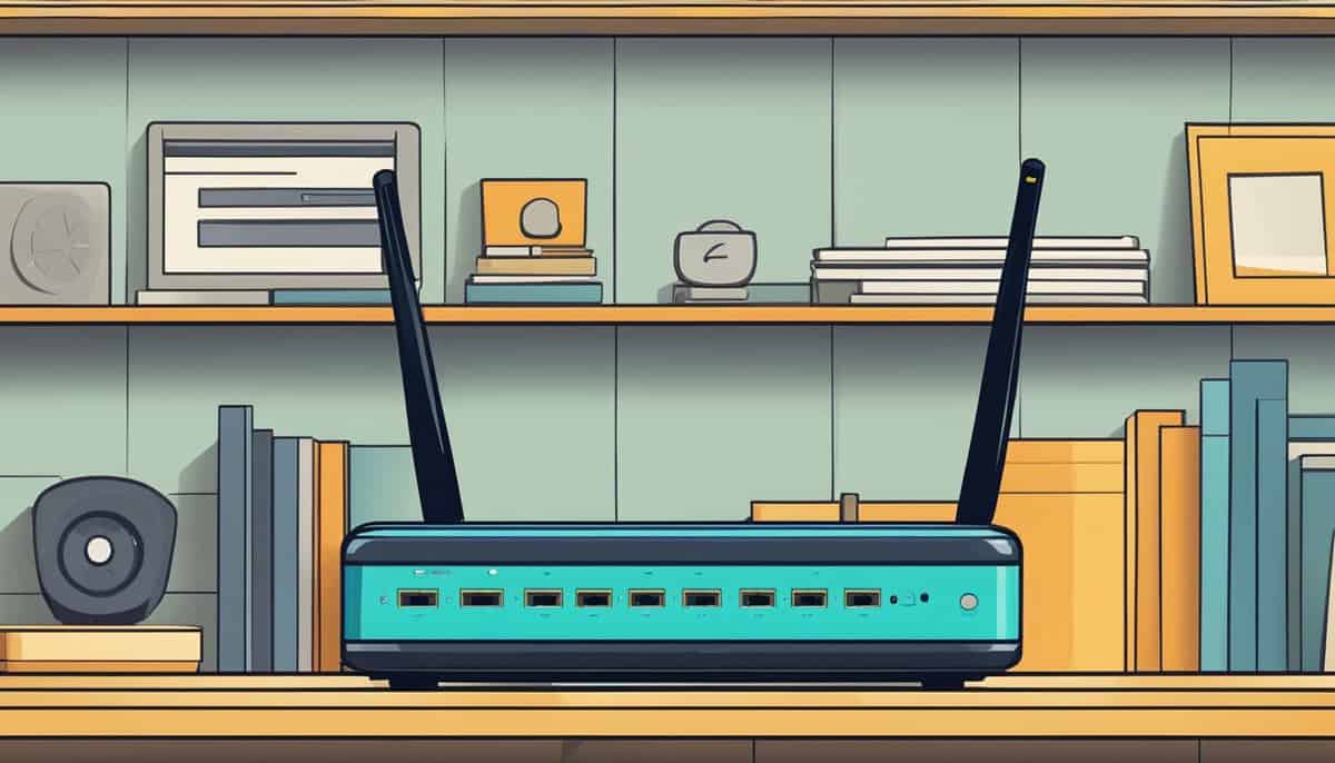 A router placed centrally on a high shelf, away from walls and obstructions, with antennas pointed upwards to maximize WiFi coverage