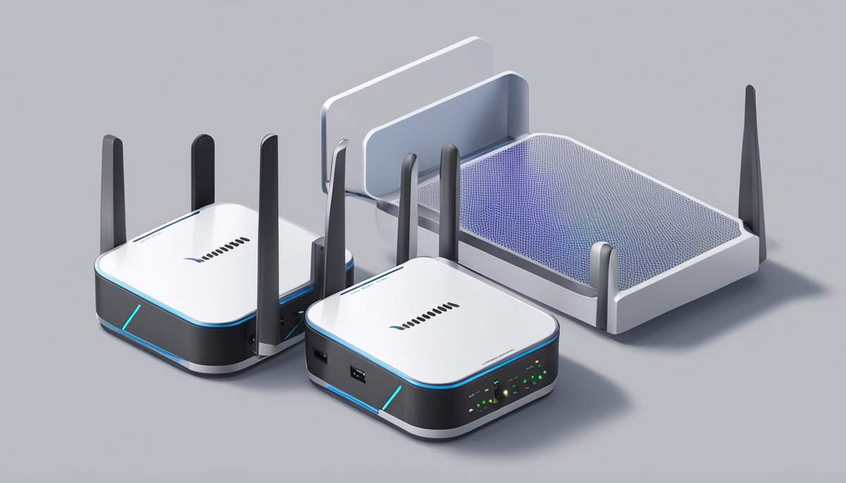 A WiFi extender and a mesh network sit side by side, each connected to a router. The extender has a single signal boost, while the mesh network has multiple interconnected nodes