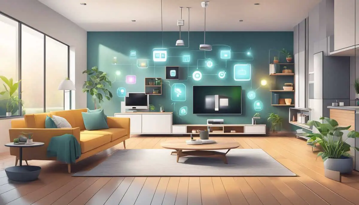 A modern living room with various smart home devices seamlessly integrated and connected, showcasing the convenience and safety of IoT technology