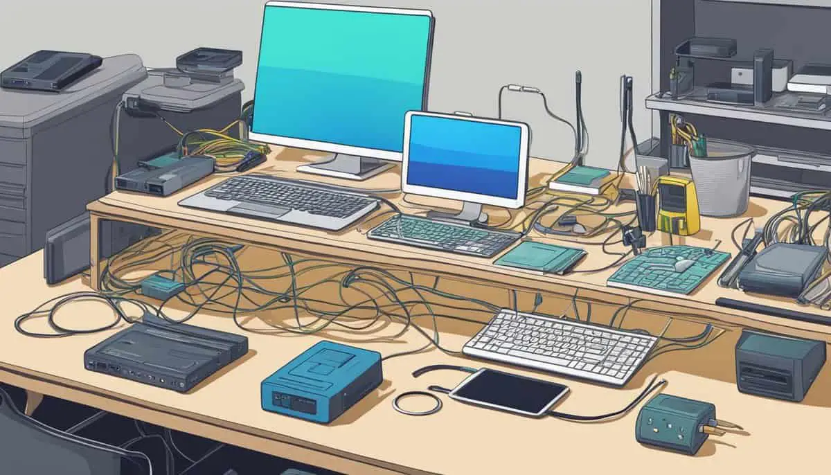 A technician carefully dusts and organizes a tangle of cables and routers on a clean, clutter-free desk. A laptop displays a network diagnostic tool