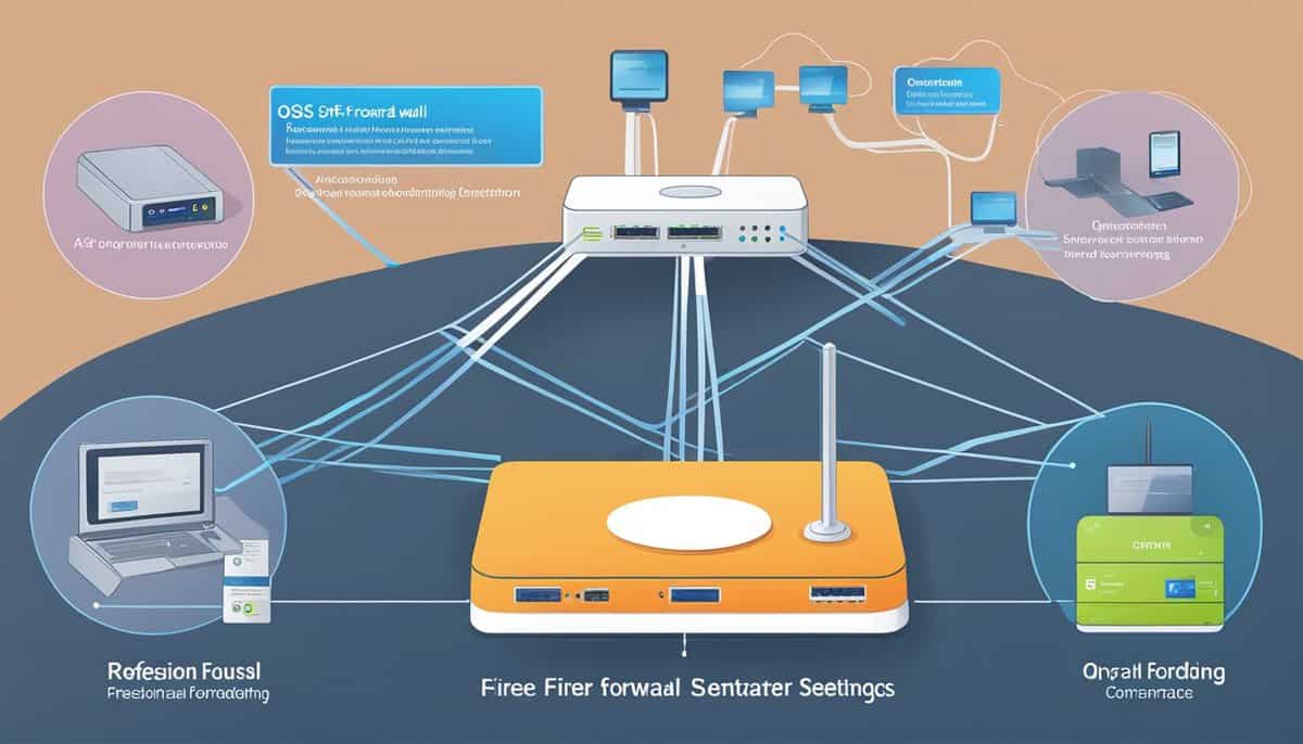 A router with various advanced features highlighted, such as QoS, port forwarding, and firewall settings