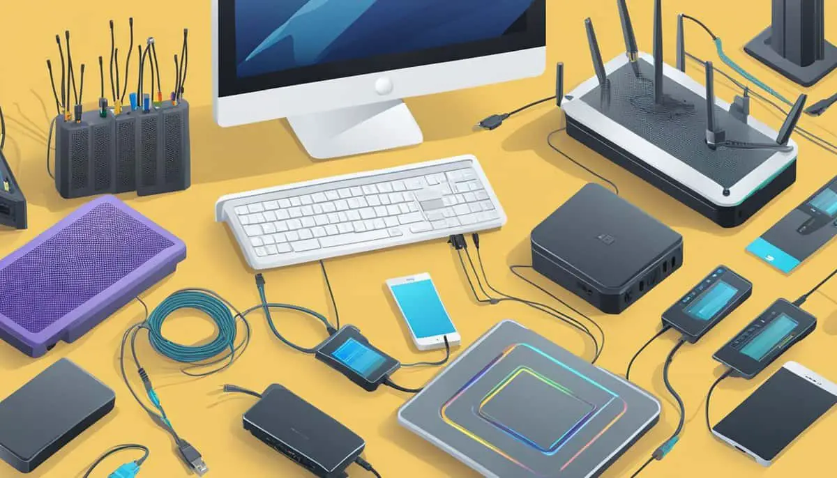 A table with various types of routers displayed, surrounded by a variety of electronic devices and cables