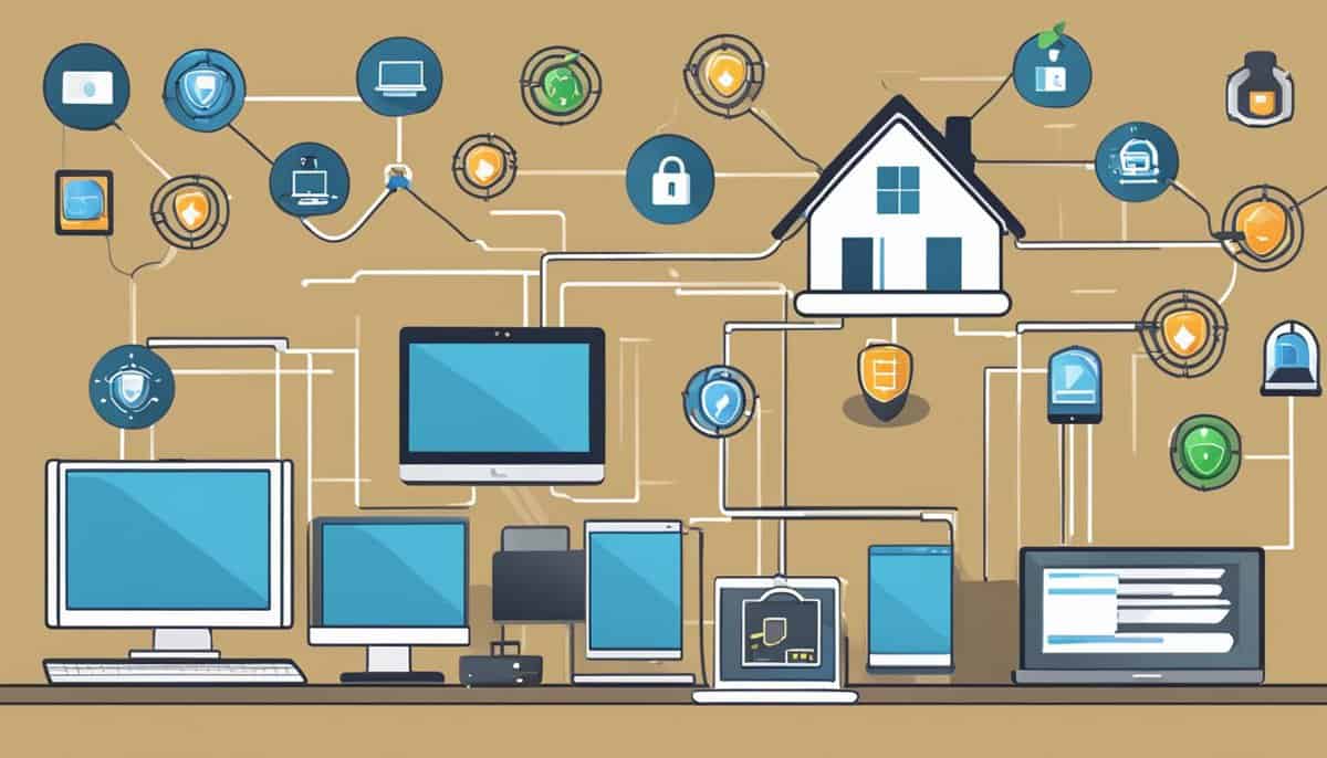 A home network with a locked padlock icon, firewall, and antivirus software protecting multiple devices from potential intruders