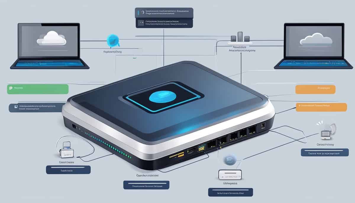 A router with various advanced features highlighted, such as Quality of Service settings and network prioritization options