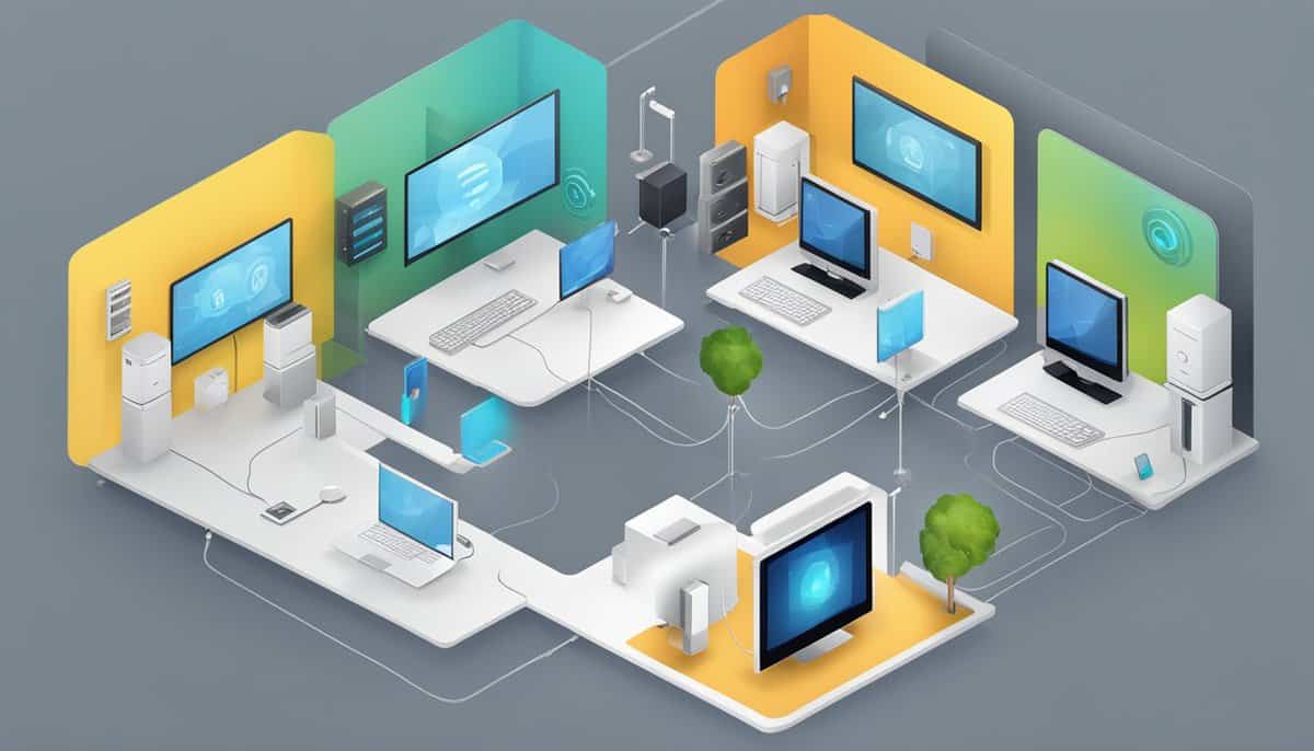 A modern home with multiple devices connected to a central NAS system, seamlessly sharing files and data across the network