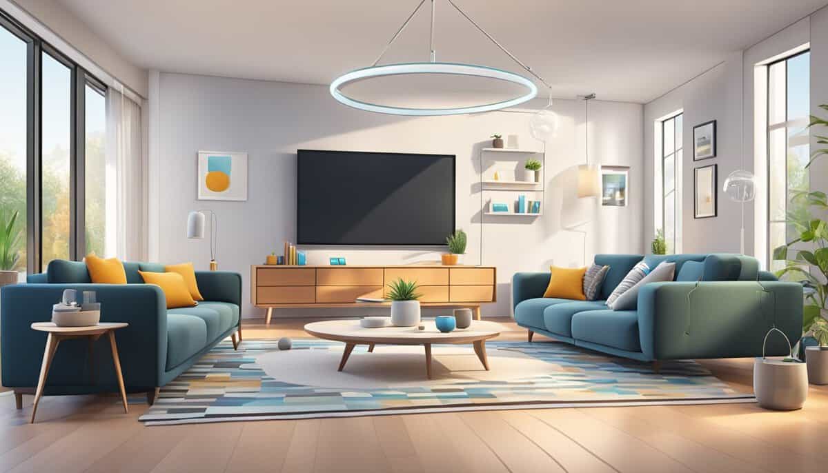 A modern living room with various smart devices seamlessly connected and working together, such as lights, thermostat, security cameras, and voice-controlled assistants