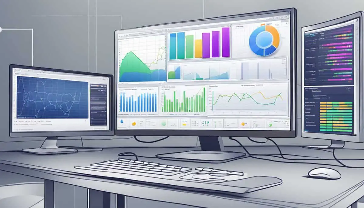 A computer screen displaying a network traffic monitoring tool with various data charts and graphs. A router and connected devices are visible in the background