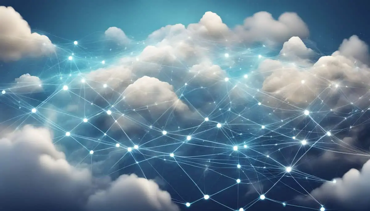 A network of interconnected clouds with data flowing between them, representing the concept of cloud computing and its ability to streamline and optimize digital processes